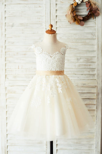 Ivory Lace Champagne Tulle Wedding Party Flower Girl Dress with V Back