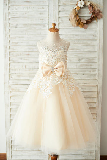 Ivory Lace Champagne Tulle Wedding Party Flower Girl Dress with Pearls