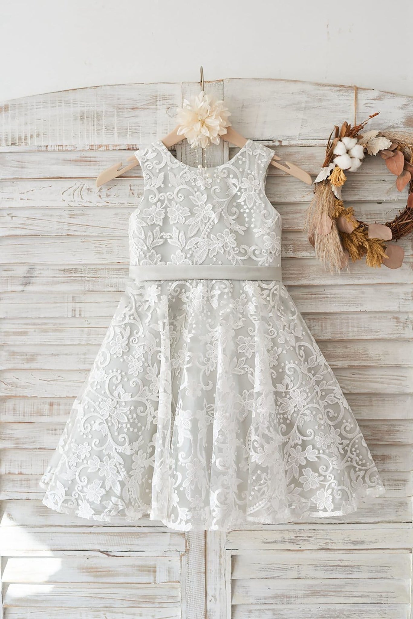Ivory Lace Deep V Back Wedding Flower Girl Dress with Silver lining / bow