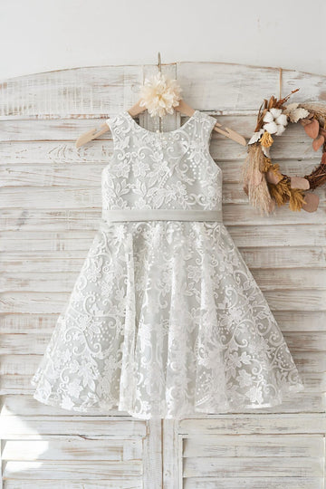 Ivory Lace Deep V Back Wedding Flower Girl Dress with Silver lining / bow