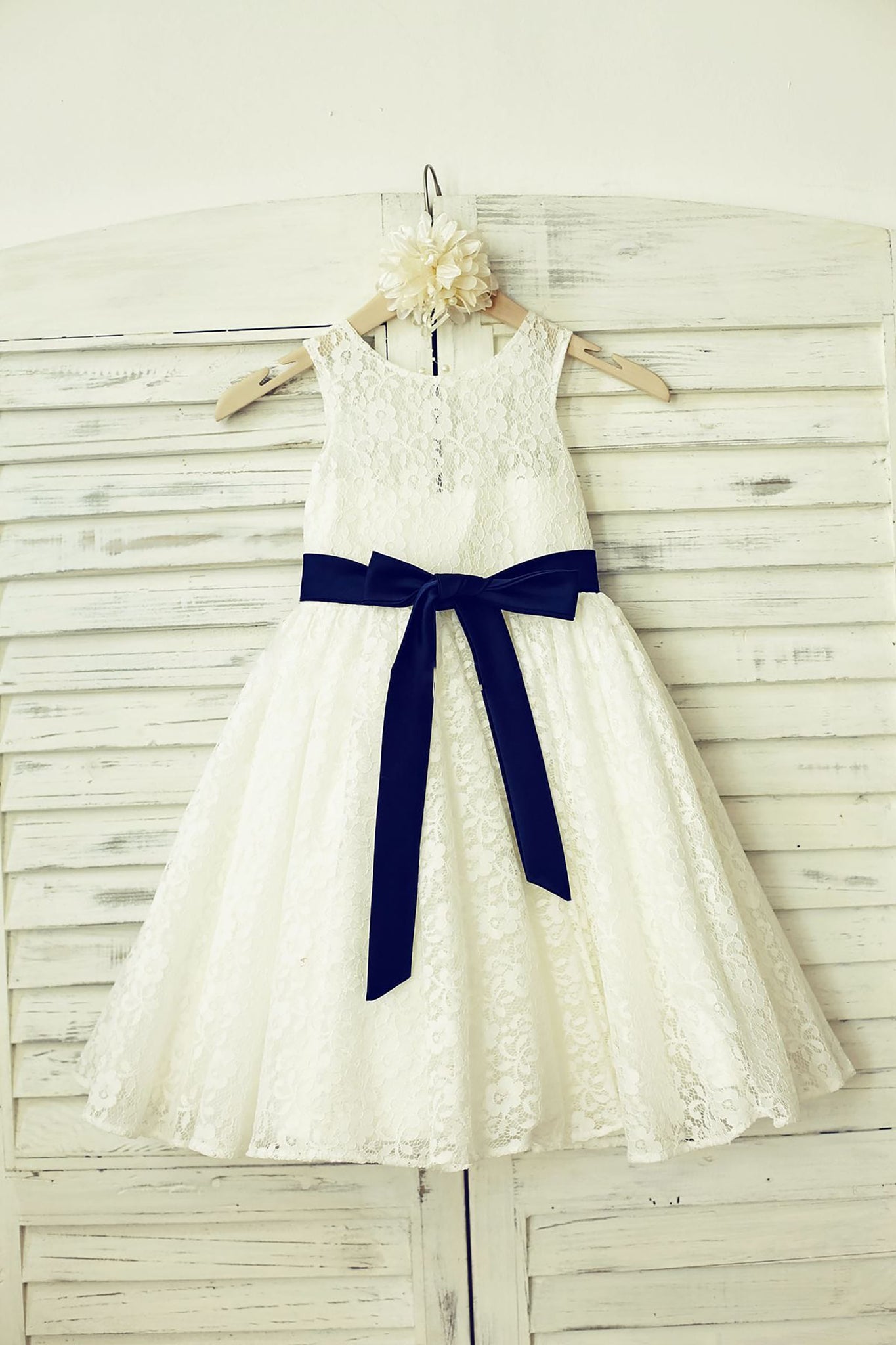 Ivory Lace Flower Girl Dress with Navy Blue Sash