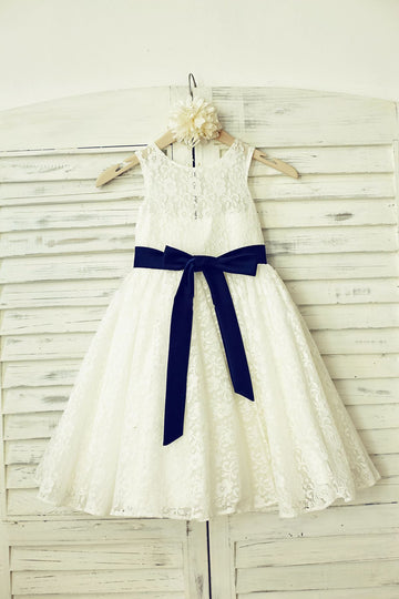 Ivory Lace Flower Girl Dress with Navy Blue Sash