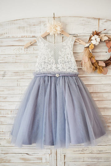 Ivory Lace Gray Tulle Sheer Back Wedding Flower Girl Dress with Belt
