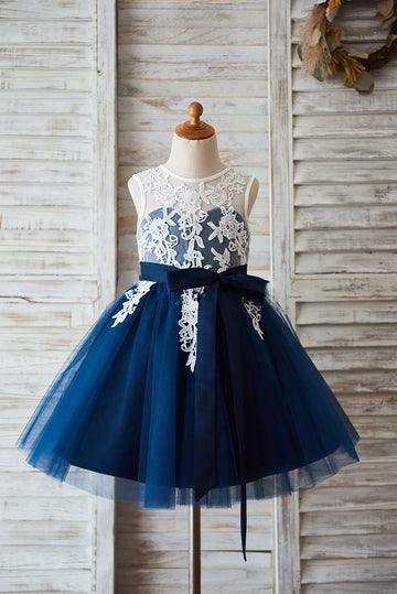 Ivory Lace Navy Blue Tulle Wedding Flower Girl Dress with V Back