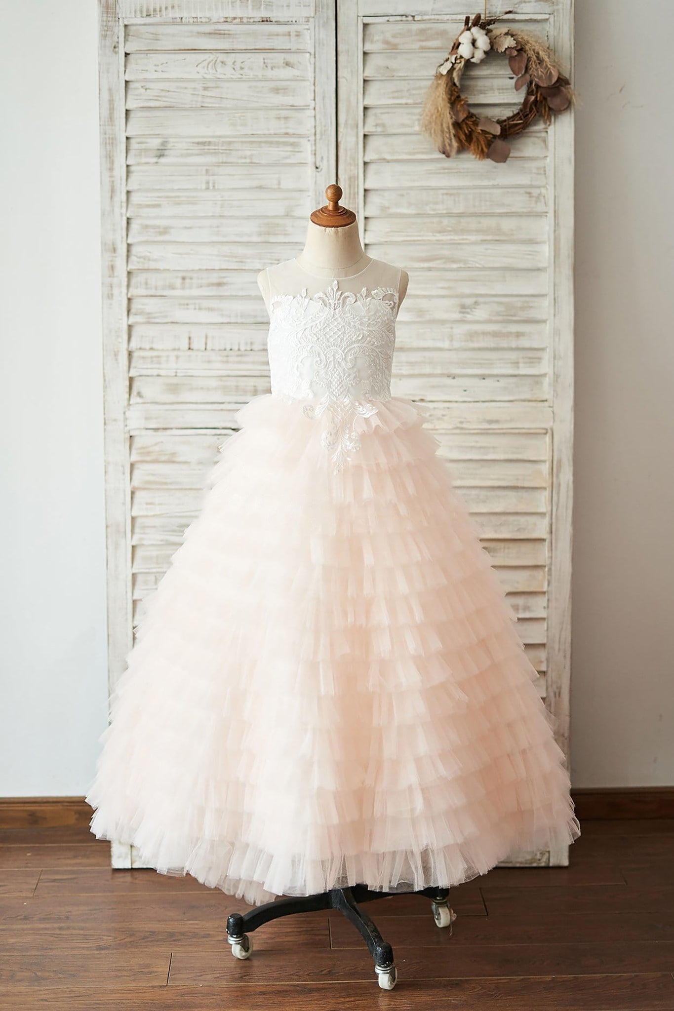 Girls Ivory Lace Peach Pink Cupcake Tulle Flower Girl's Dress Party Dress Communion Dress