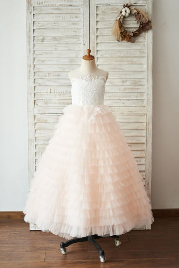 Girls Ivory Lace Peach Pink Cupcake Tulle Flower Girl's Dress Party Dress Communion Dress