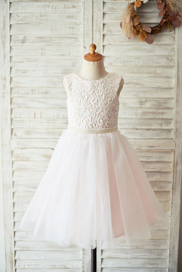 Ivory Lace Pink Tulle Open Back Wedding Flower Girl Dress with Pearls