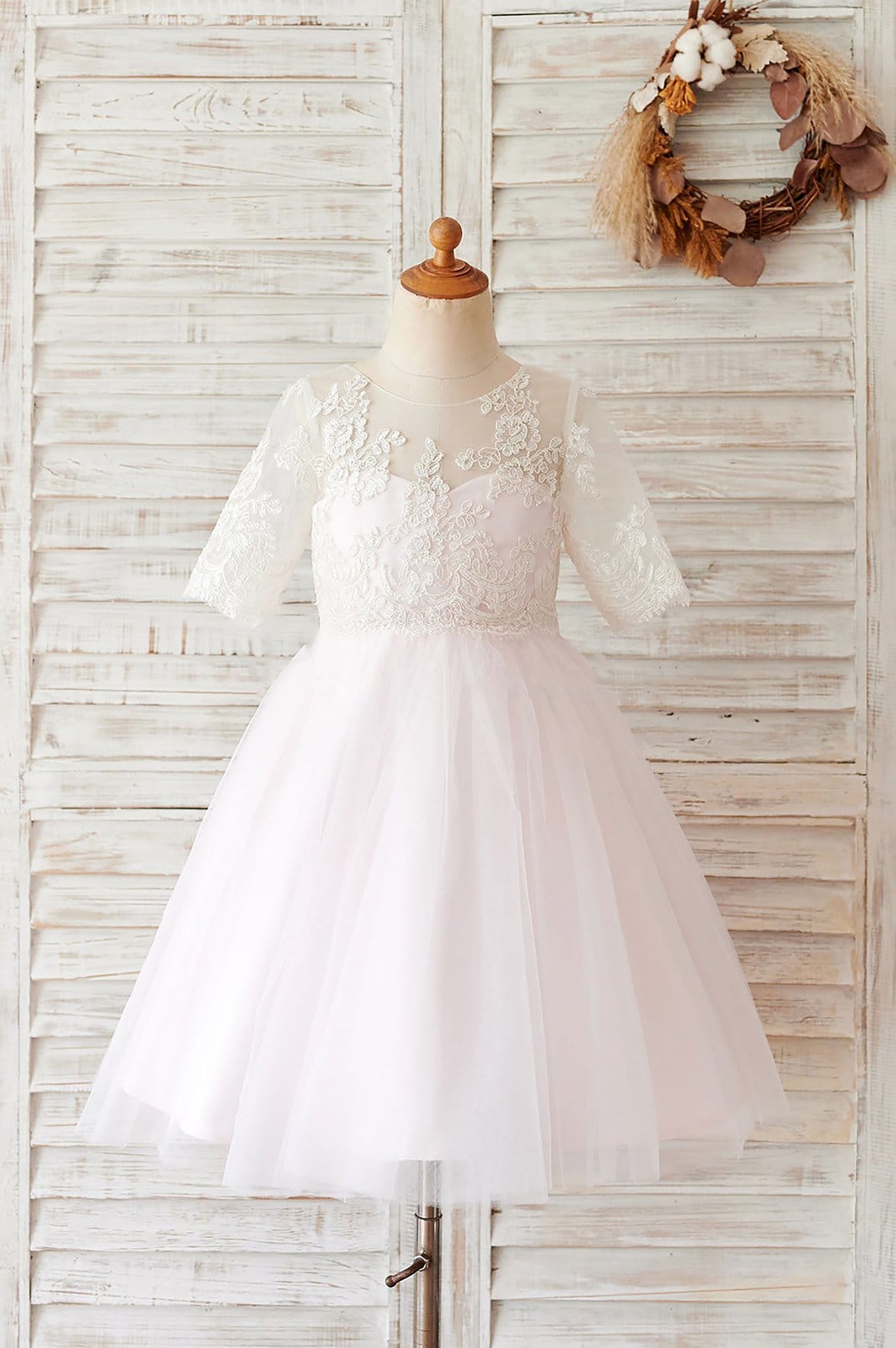 Girls Ivory Lace Pink Tulle Short Sleeves Flower Girl's Dress Party Dress Communion Dress