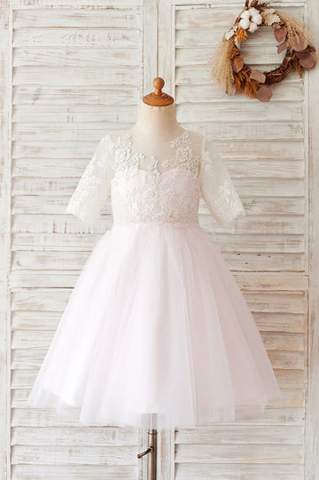 Girls Ivory Lace Pink Tulle Short Sleeves Flower Girl's Dress Party Dress Communion Dress