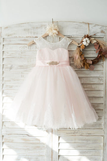 Ivory Lace Pink Tulle Slit Back Wedding Flower Girl Dress with Beaded Belt