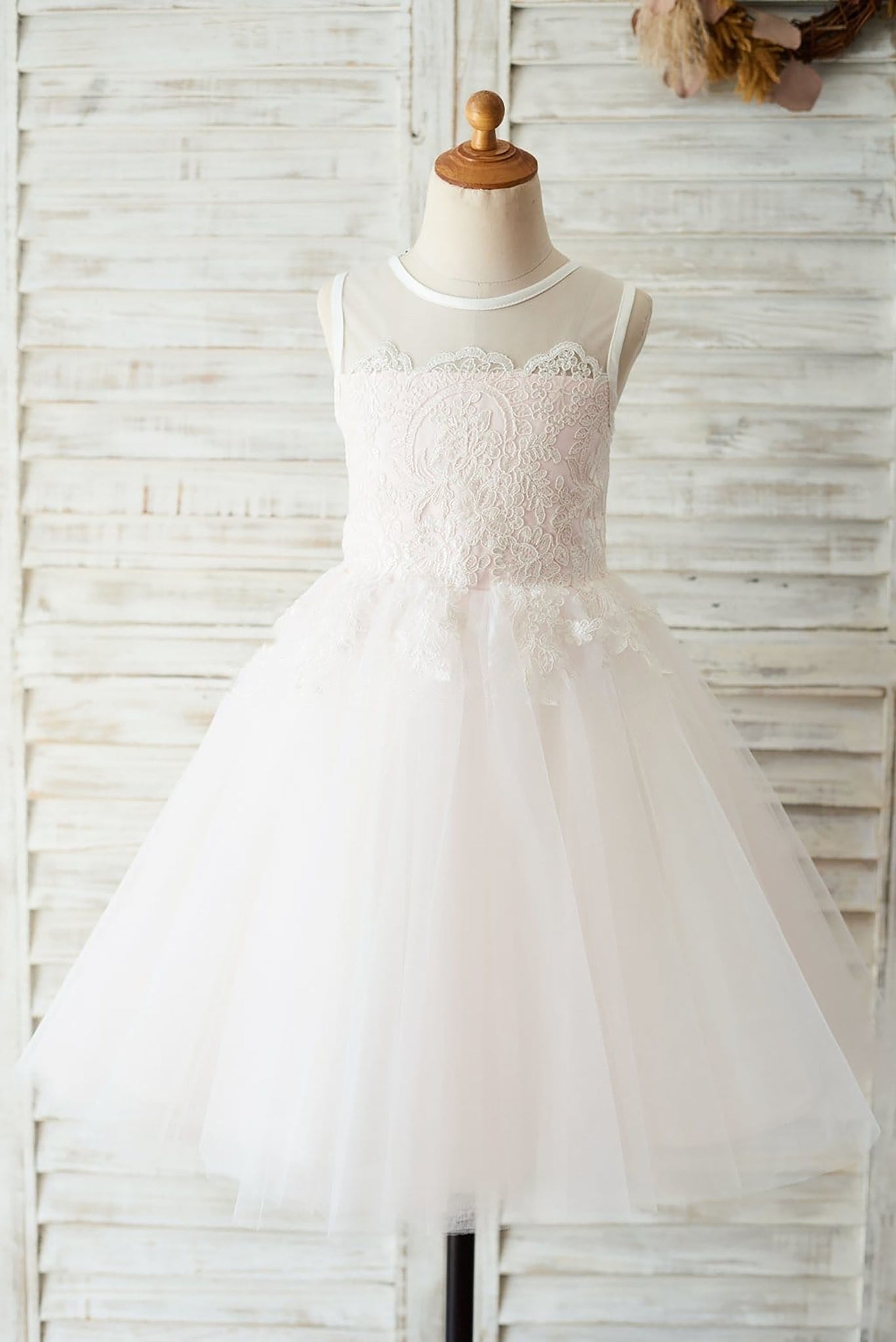 Ivory Lace Pink Tulle Wedding Flower Girl Dress with Keyhole Back