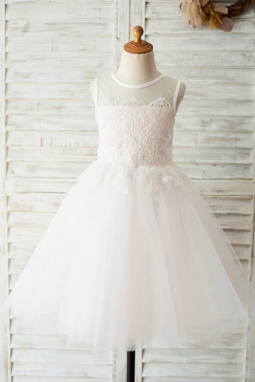 Ivory Lace Pink Tulle Wedding Flower Girl Dress with Keyhole Back
