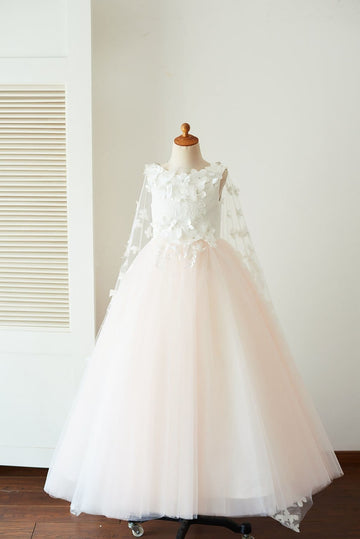 Ivory Lace Pink Tulle Wedding Party Flower Girl Dress with Butterfly Cape