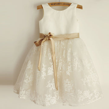 Girls Ivory Lace Satin Flower Girl's Dress Party Dress with Champagne Belt