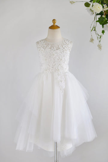 Girls Ivory Lace Sequin Tulle Hi-low Flower Girl's Dress Party Communion Dress
