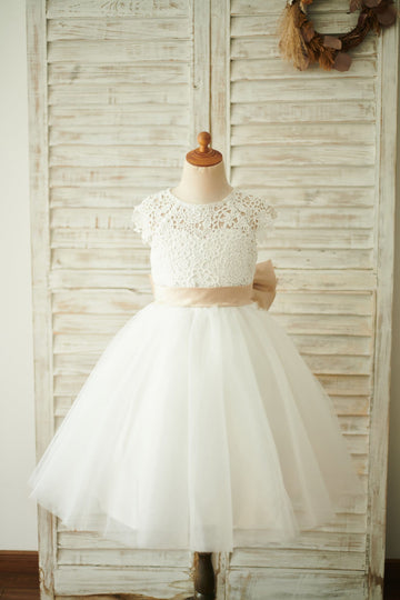 Ivory Lace Tulle Cap Sleeves Wedding Flower Girl Dress with Bow