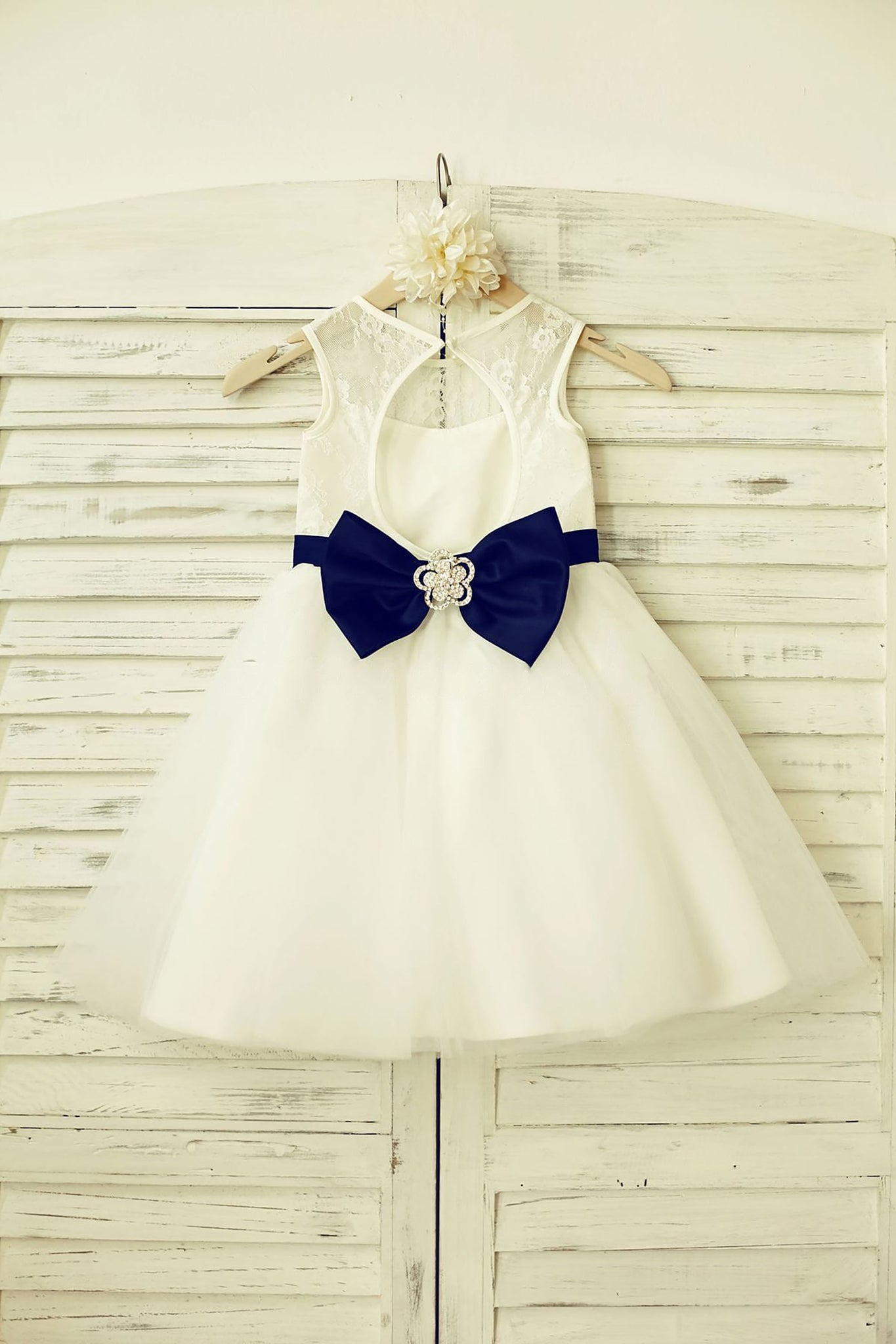 Ivory Lace Tulle Flower Girl Dress with keyhole back / Navy Blue Belt