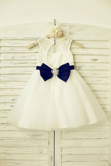 Ivory Lace Tulle Flower Girl Dress with keyhole back / Navy Blue Belt