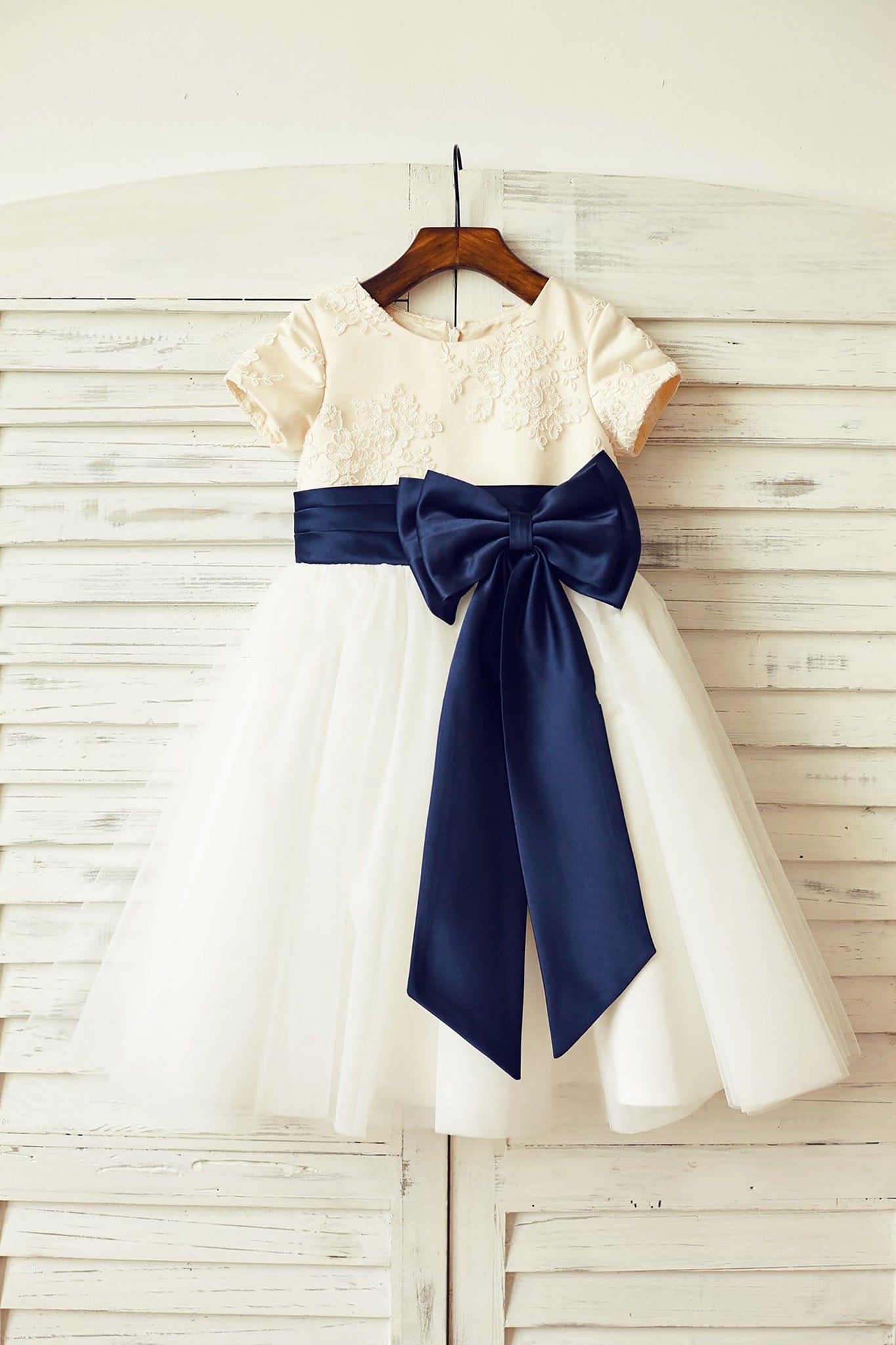 Ivory lace Tulle Flower Girl Dress with Short sleeves / Big Navy Blue Bow