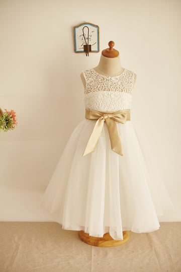 Girls Ivory Lace Tulle Flower Girl's Dress Party Dress Communion Dress with Belt