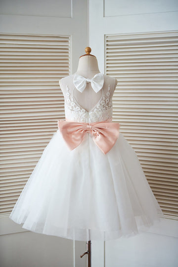 Ivory Lace Tulle Keyhole Back Wedding Flower Girl Dress with Blush Pink Bow