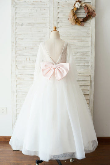 Ivory Lace Tulle Long Sleeves V Back Wedding TUTU Flower Girl Dress with Pink Bow