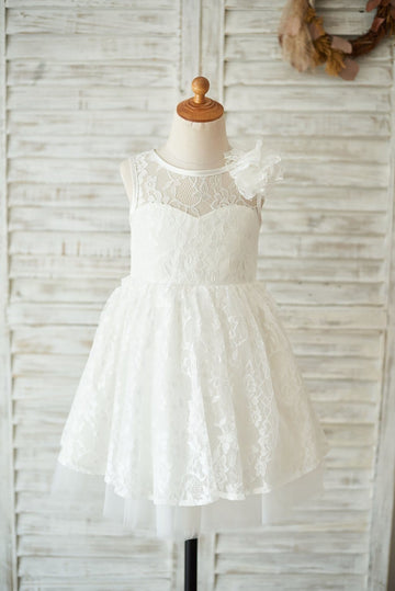 Ivory Lace Tulle V Open Back Wedding Flower Girl Dress with Flower