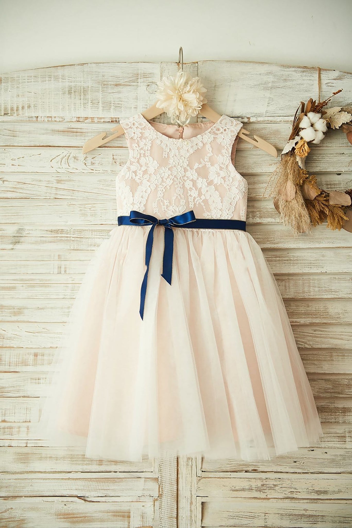 Ivory Lace Tulle Pink Lining Wedding Flower Girl Dress with Navy Blue Sash