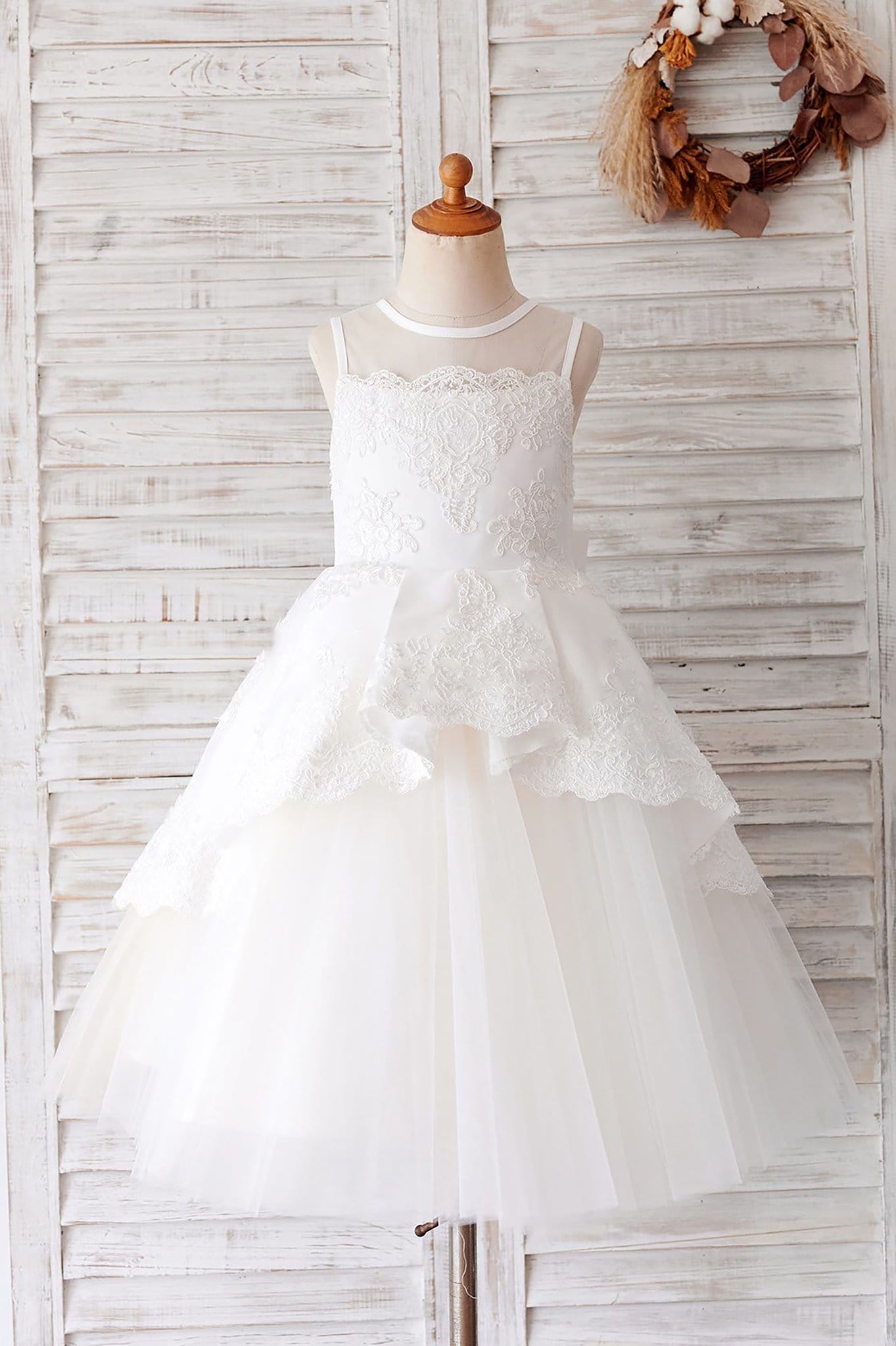 Girls Ivory Lace Tulle Sheer Flower Girl's Dress Party Dress Communion Dress