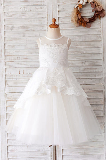 Girls Ivory Lace Tulle Sheer Flower Girl's Dress Party Dress Communion Dress