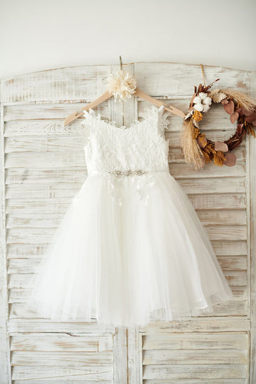 Ivory lace Tulle Spaghetti straps Wedding Flower Girl Dress with Beaded Belt