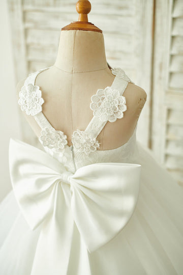 Ivory Lace Tulle Straps Wedding Flower Girl Dress with Big Bow