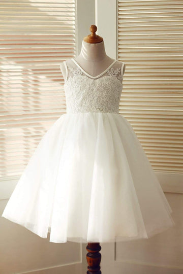 Girls V Back Ivory Lace Tulle Flower Girl's Dress Party Communion Dress