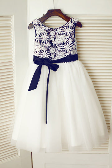 Ivory Lace Tulle Wedding Flower Girl Dress with Black Lining / Sash