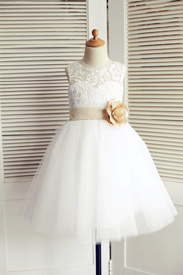 Ivory Lace Tulle Wedding Flower Girl Dress with Champagne Belt / Bow