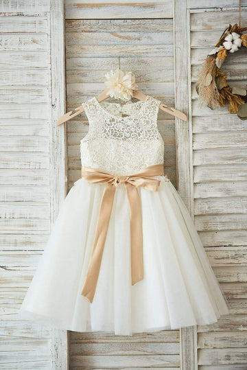 Ivory Lace Tulle Wedding Flower Girl Dress with Keyhole Back / Champagne Belt