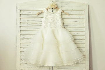 Ivory Organza Lace Applique Flower Girl Dress