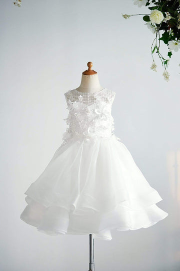 Girls Ivory Organza Lace Communion Party Flower Girl Dress with 3D Flowers / Pearls