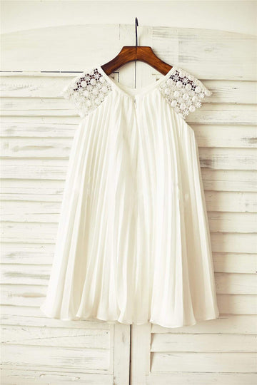 Ivory Pleated Chiffon Lace Flower Girl Dress with Cap Sleeves