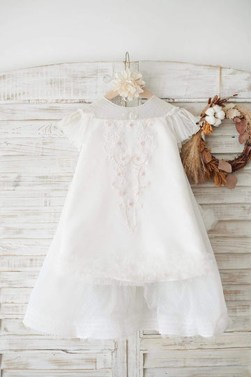 Ivory Polka Dot Lace Tulle Cap Sleeves Open Back Wedding Flower Girl Dress