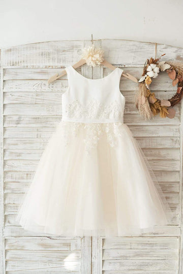 Ivory Satin Champagne Tulle Wedding Flower Girl Dress with Ivory Beaded Lace