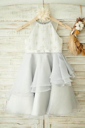 Ivory Satin Gray Organza Wedding Flower Girl Dress