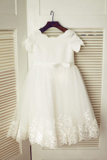 Ivory Satin Lace Tulle Wedding Flower Girl Dress with Short Sleeves
