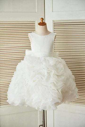 Girls V back Ivory Satin Organza Ball Gown Wedding Flower Girl Dress Party Communion Dress