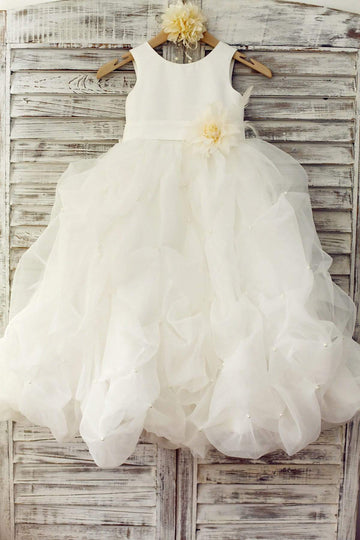 Ivory Satin Organza Ruffle Ball Gown Princess Flower Girl Dress with Feather Flower