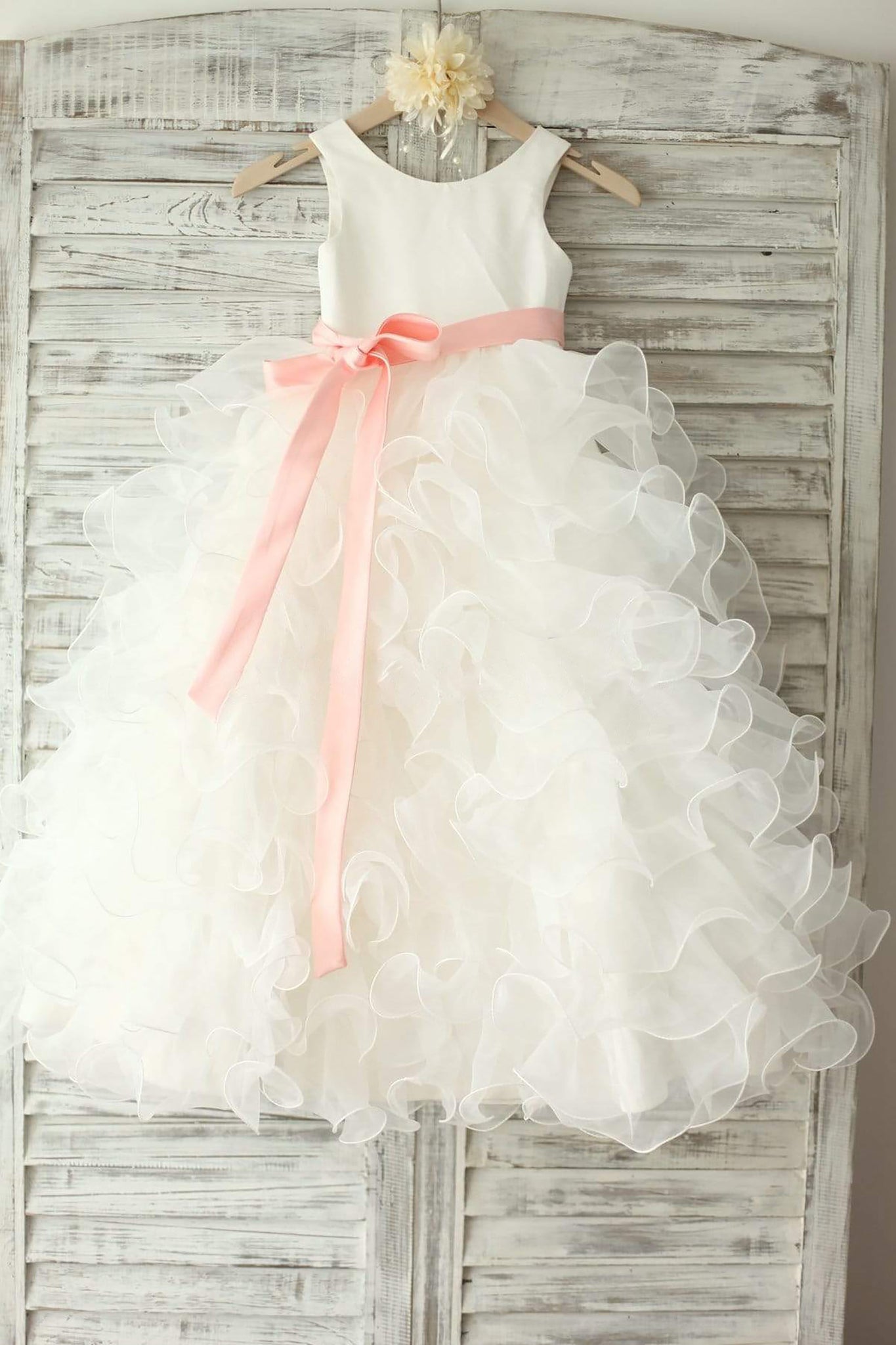 Ivory Satin Ruffle Organza Skirt TUTU Princess Flower Girl Dress with Navy Blue / Blush Sash
