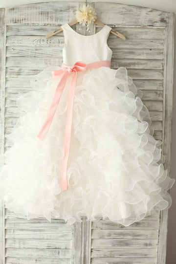 Ivory Satin Ruffle Organza Skirt TUTU Princess Flower Girl Dress with Navy Blue / Blush Sash