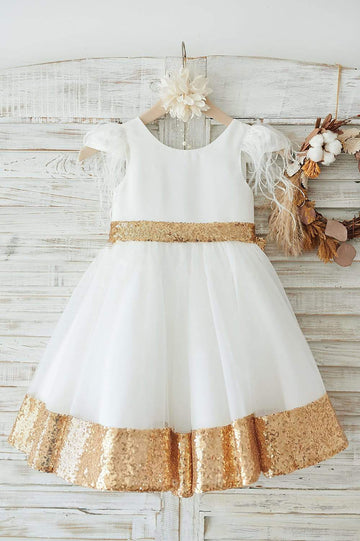 Ivory Satin Tulle Gold Sequin Cap Sleeves Flower Girl Dress with Feather