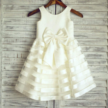 Ivory Satin Tulle Stripes Flower Girl Dress with Big Bow