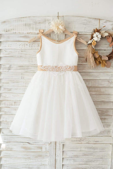 Ivory Satin Tulle Wedding Flower Girl Dress with Champagne sash and Bow